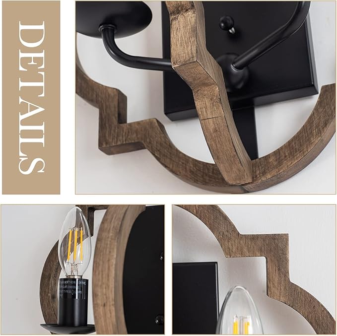 VILUXY Wood Wall Sconces Retro Industrial Wall Light Farmhouse Geometric Bedside Wall Lamps Fixture Black Wall Mount Sconces for Bedroom, Hallway, Entryway, Passway, 2 Pack