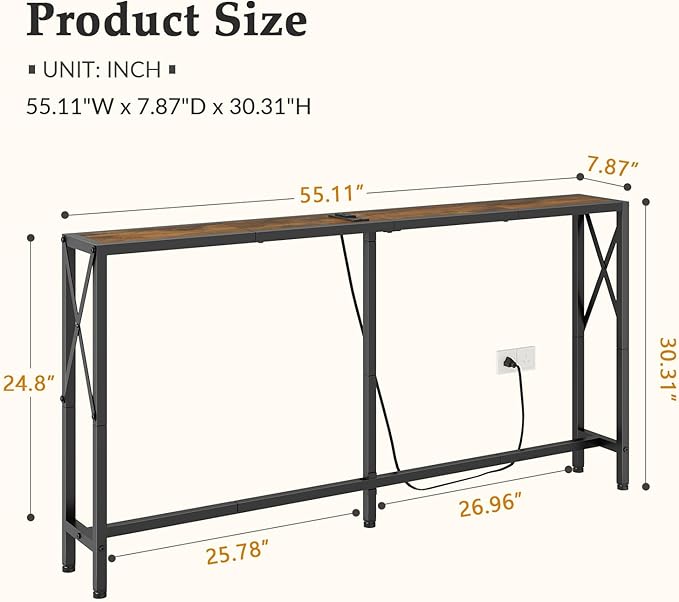 Console Table with Oulets and USB Ports, 55.1" Sofa Table Behind Couch, Industrial Long Skinny Stand for Hallway, Living Room, Bedroom, 6.5 Feet Power Cord, Rustic Brown