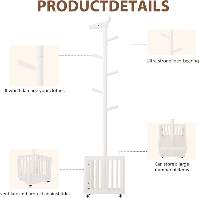 Coat tree freestanding heavy duty，Wooden coat rack freestanding for Entrance, Bedroom, Living room(White)