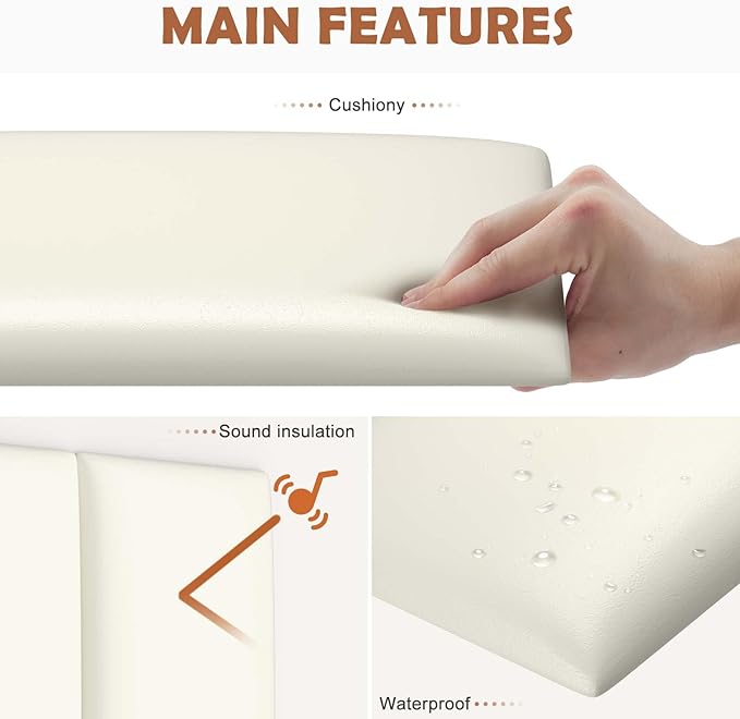 IFNOW Wall Mounted Upholstered Headboard King, 3D Peel and Stick Soundproof Wall Panels, Reusable and Removable Padded Headboard Leather Bed, 12 Panels 9.84" x 23.62", Beige