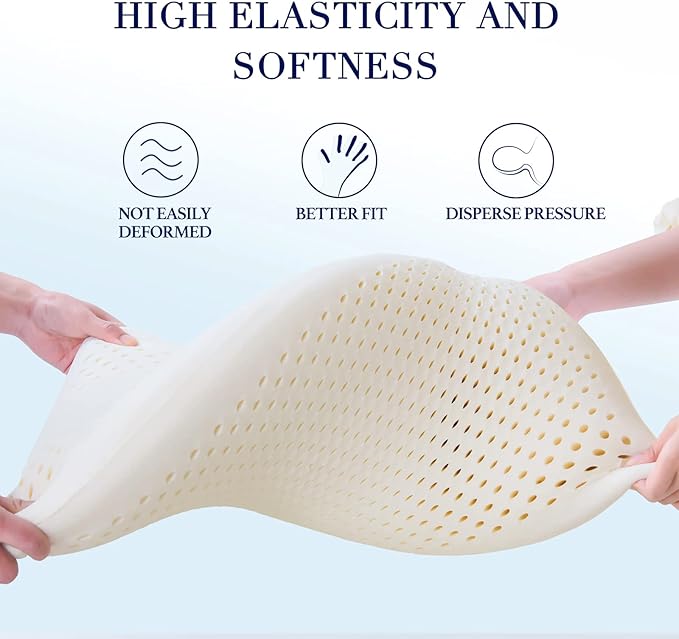 100% Talalay Latex Pillow Bed Pillow for Sleeping, Extra Soft Natural Latex Sleeping Pillow for Back, Stomach or Side Sleepers, Removable Breathable Cotton Cover - High Elasticity (Queen)
