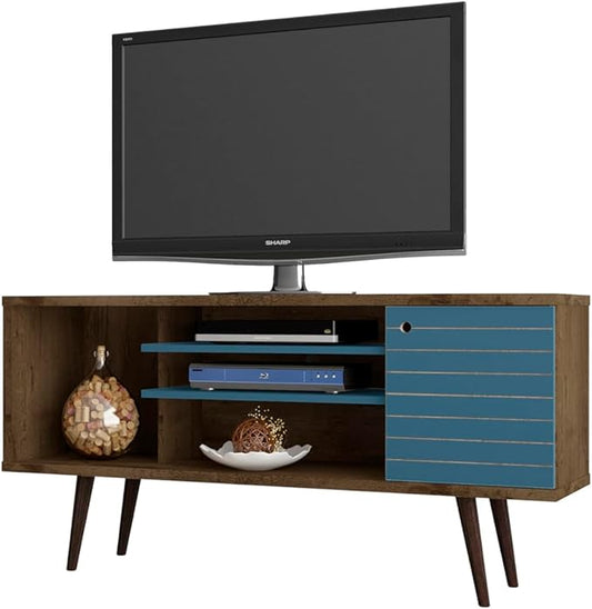 Manhattan Comfort Liberty Mid Century Modern TV Stand for Televisions up to 50 Inches, Bedroom and Living Room Entertainment Center with Storage, Shelves, and Cabinet, 53" Wide, Rustic Brown/Aqua