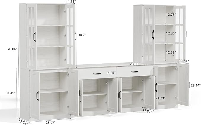 VOWNER 95" TV Stand for TVs up to 75", 4-Piece TV Hutch with Cabinets, Entertainment Center with Bookshelves, Modular TV Console for Living Room, 2D+2F (White)