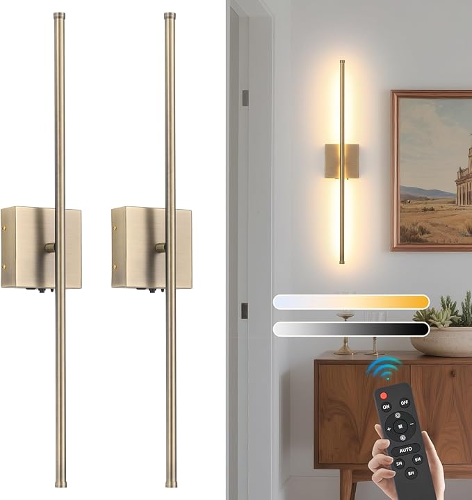 Battery Operated Wall Sconces Set of 2, 11000mAh Rechargeable Brushed Bronze Wireless Wall Lights, 350°Rotate Dimmable Wall Lamp with Remote, 3 Color Temperatures, for Bedroom, Living Room, Hallway
