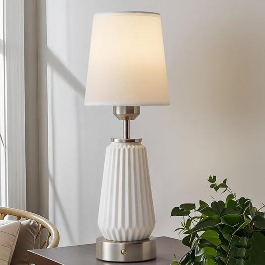 Cordless Table Lamp-Battery Powered Lamp 4000mAh Rechargeable, Stepless Dimmable, Farmhouse Ceramic Touch Bedside Lamp,Portable LED Night Light for Bedroom, Living Room, Office, Bulbs Included(Silver)