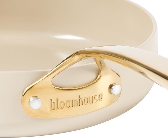 bloomhouse 10 Inch Heavy Duty Aluminum Premium PFA Free Ceramic Nonstick Saute/Deep Frying Pan Skillet with Lid - Almond Cream w/Gold Handle