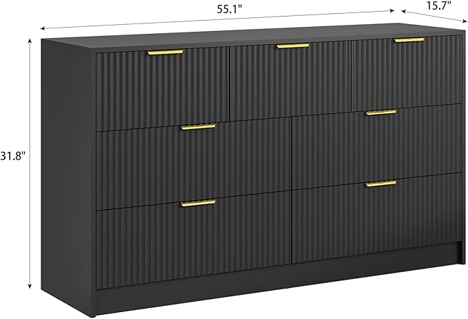 7 Drawers Dresser for Bedroom,55" Wide Fluted Dresser with Deep Drawers, Modern Chest of Drawers, Wood TV Stand Storage Organizer for Closet, Living Room, Hallway, Black