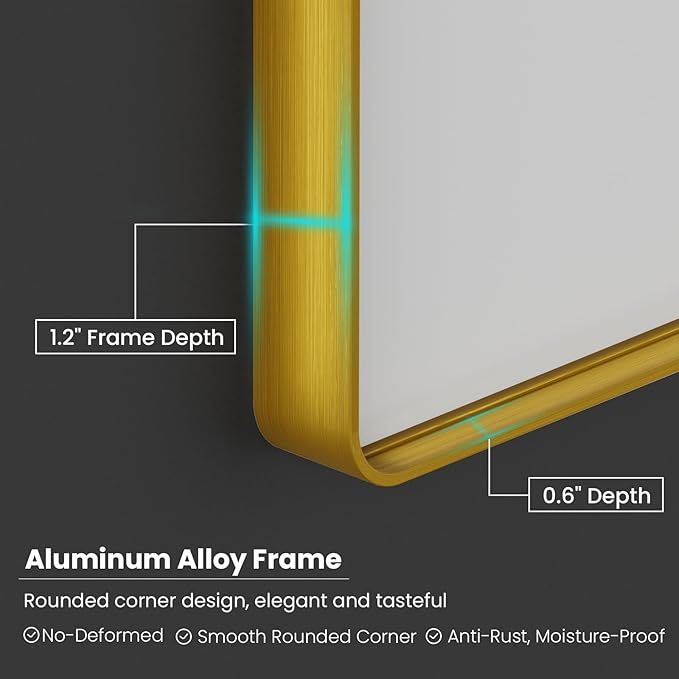Gold Bathroom Mirror, 60x30 Inch Brushed Gold Metal Frame Mirror for Wall, Rounded Rectangle Bathroom Vanity Mirror, Tempered Glass, Anti-Rust, Horizontal/Vertical