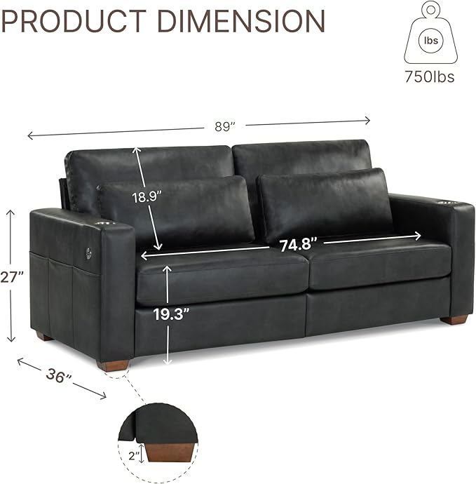 89" Sofa Couch for Living Room Faux Leather Upholstered Couch with Deep Seats and Wide Armrests 3 Seater Comfy Sofa with Cup Holders, USB & Type-C Ports, Spring Cushion, Solid Wood Frame Black