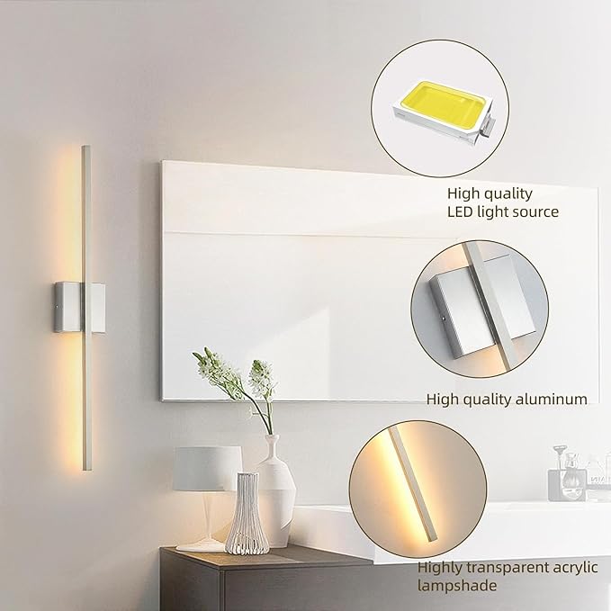 Wall Sconces Set of Two, LED Dimmable Sconces Wall Lighting, Brushed Nickel Modern Wall Sconce Light for Bathroom, Living Room, Bedroom, Hardwired 3000K 28''(2Pack)