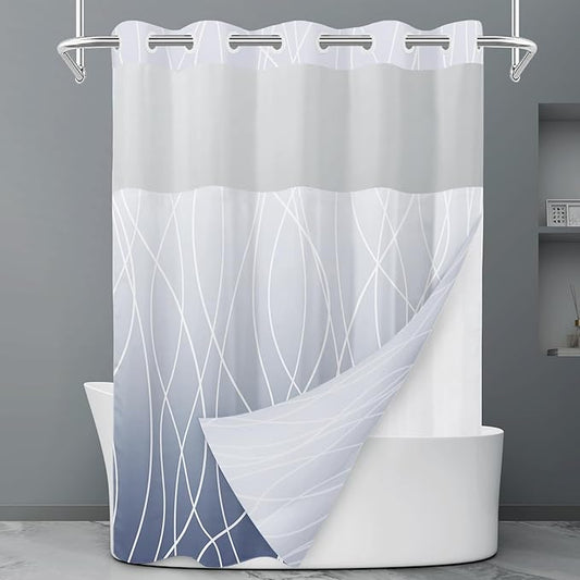 No Hook Ombre Blue Striped Shower Curtain with Snap in Liner Set - Hotel Shower Curtain and Liner Set with See Through Mesh Top Window,Machine Washable, 71x74 INCH
