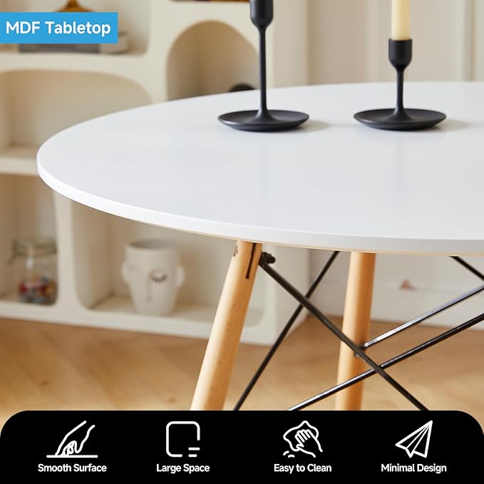 Round Dining Table Set for 4 35.5" Wood Dinner Table Circle Dining Room Table Kitchen Table Chairs Set of 4 with Wood Strip Base for Kitchen Living Room Space Saving Apartment(White)