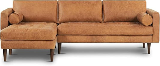 Poly & Bark Napa Leather Couch - Left Facing Sectional Sofa with 2 Bolsters - Full-Grain Leather Sofa for Living Room with Feather-Down Topper - Corner Couch - Vintage Italian Leather in Cognac Tan