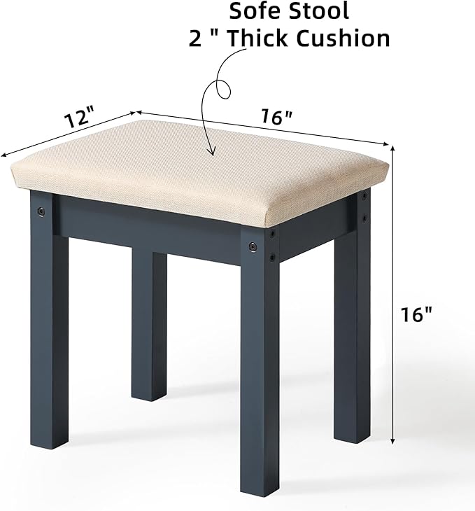 LEYAOYAO Vanity Stool, Elegant Makeup Stool with Comfortable Fabric Cushion, Sturdy Wooden Frame, Modern Vanity Bench for Bedroom and Bathroom-Navy Blue