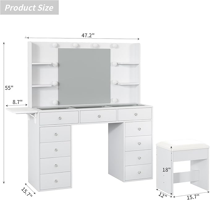Vanity Desk with Power Outlet, 47'' W Makeup Table with Mirror and 12 LED Lights, 3 Color Lighting Modes, 11 Drawers Makeup Vanity with 4 Shelves, Fold-up Panel, Glass Top, Vanity Set for Bedroom