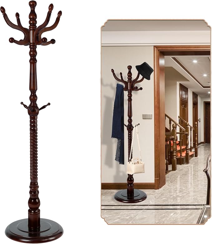 Coat Rack Freestanding, Wooden Tree Coat Rack Stand with 2 Adjustable Sizes Coat Tree and 11 Hooks, Sturdy Hall Tree with Tri-Legged Base for Entryway, Hallway, Bedroom (Walnut-Solid Round Base)