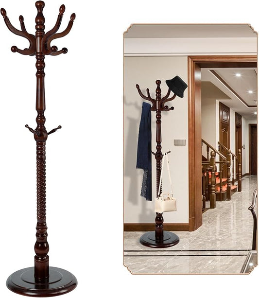 Coat Rack Freestanding, Wooden Tree Coat Rack Stand with 2 Adjustable Sizes Coat Tree and 11 Hooks, Sturdy Hall Tree with Tri-Legged Base for Entryway, Hallway, Bedroom (Walnut-Solid Round Base)
