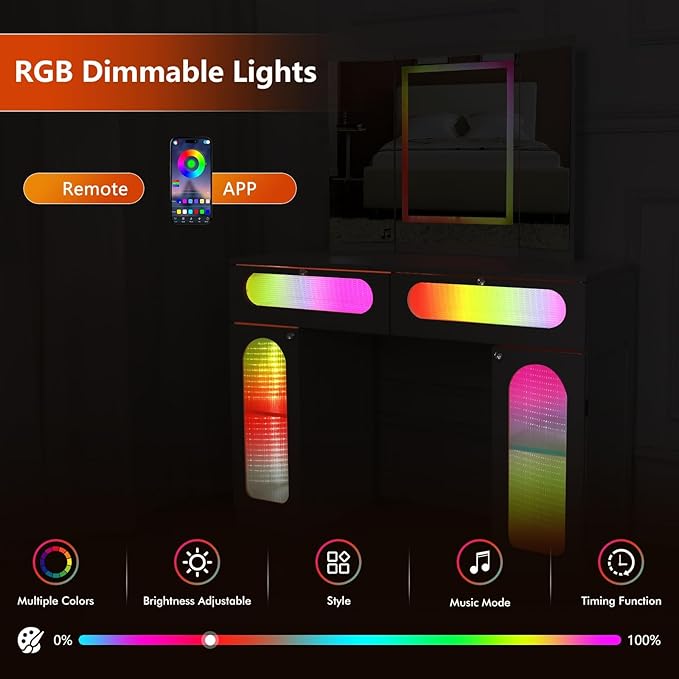 Vanity Desk with Tri-Fold Mirror and Lights, LED Makeup Vanity with 2 Drawers, 2 Doors Storage, Gifts for Girls/Women (Black)