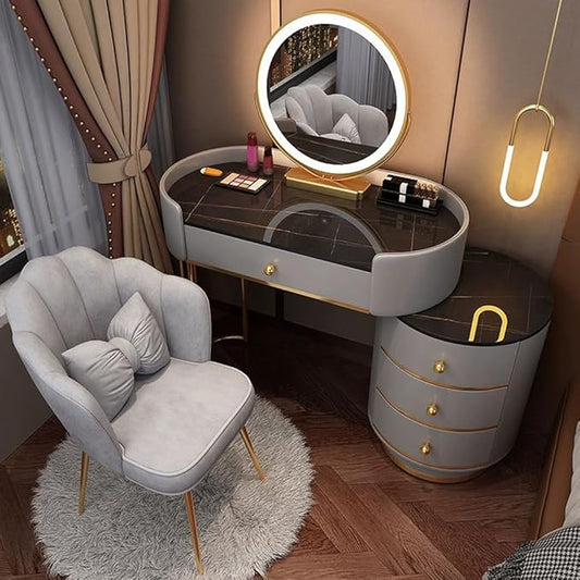 KWOKING Contemporary Make-up Vanity with Slate Stone Top & Storage Drawers Bedroom Dressing Table Storage Cabinet Integrated Table Gray Black - Makeup Vanity & Mirror & Petal Chair 31"L x 16"W x 31"H