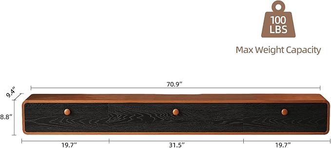 Minimalist 70'' Floating TV Stand with 3 Doors,Solid Wood Wall Mounted TV Console,Floating Entertainment Center with Hidden Storage,Curved Round Edges,Natural Wood Finish(Walnut)