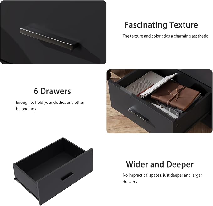 LIDYUK Black Dresser for Bedroom, 6 Drawer Dressers & Chests of Drawers, Modern Wood Dresser, 48 Inches Wide Chest of Drawers for Bedroom, Hallway, Living Room