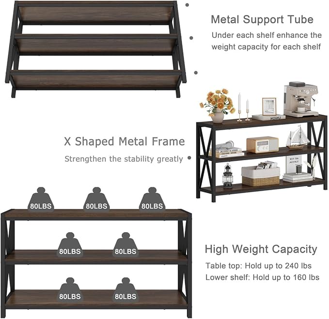 FATORRI Console Table for Entryway, Modern Entry Table with 3 Tier Shelves, Couch Tables Behind Sofa for Living Room (55 Inch, Dark Walnut)
