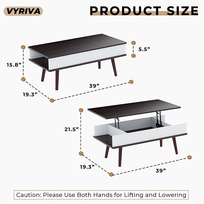 Lift Top Coffee Table, One Minute No Assembly Required Rising Tabletop Center Table with Large Hidden Storage Compartment, Open Shelf, Anti-Pinch Design Mute for Living Room (Black Walnut)