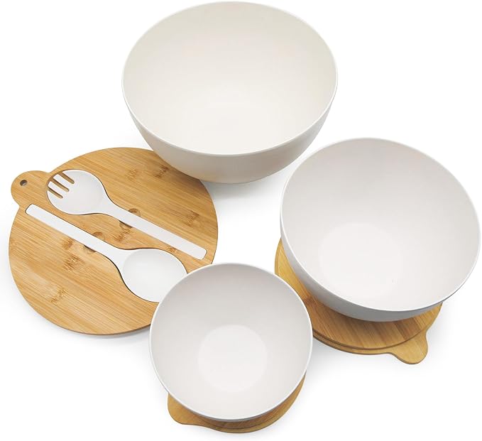Salad Bowls Set of 3 with Seal Lid & Serving Utensils, Bamboo Fiber Mixing Bowls Set Large Serving Bowls & Storage Set with Bamboo Lid for Salad, Kitchen Eating, Pasta, Popcorn, Fruit, White
