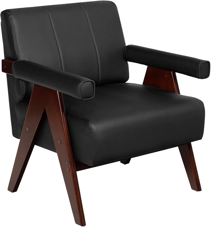 AODAILIHB Mid Century Modern Chairs Black Leather Accent Chair Wood Arms with Soft Bag Living Room Chairs with Thick Cushion Comfy Sitting Waiting Room Chairs Bedroom/Office (1, Black)