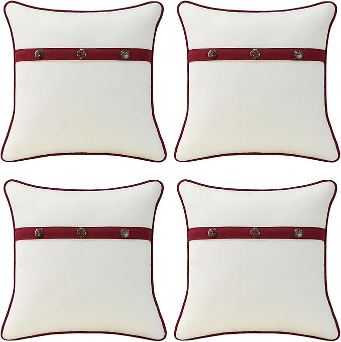Outdoor Sunbrella Decorative Pillows with Triple Coconut Buttons Pack of 4, 16" x 16" Outdoor Pillow Set for Couch Bed Throw Patio Sofa, Spectrum Eggshell/Spectrum Ruby