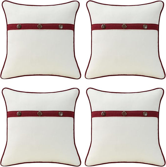 Outdoor Sunbrella Decorative Pillows with Triple Coconut Buttons Pack of 4, 16" x 16" Outdoor Pillow Set for Couch Bed Throw Patio Sofa, Spectrum Eggshell/Spectrum Ruby