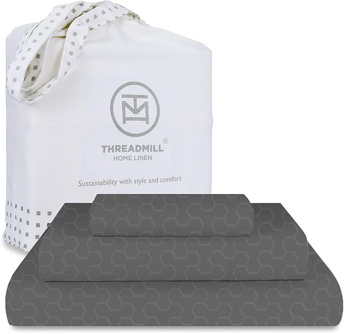 Threadmill 500 Thread Count Twin-XL Size 3 Pc Luxury Cotton Bed Sheet Set, Jacquard Floria Dark Grey, Breathable Sheets with 15" Elasticized Deep Pocket, 1 Pillowcase & Free Tote Bag