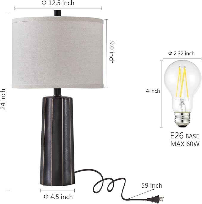 RORIANO Set of 2 Vintage Table Lamps for Bedroom Living Room, 24'' Traditional Farmhouse Resin Desk Lamps Rustic Modern Nightstand Bedside Lamps for Home Office Entryway, 2 Bulbs Included (Black)