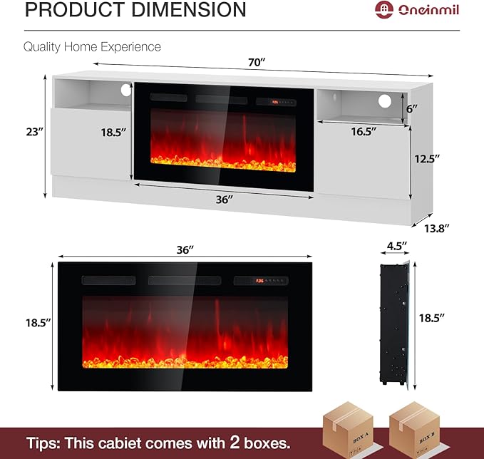 oneinmil 70" TV Stand with 36" Electric Fireplace, Large Modern Media Entertainment Center with Storage Cabinet and 12 Colors LED Lights for TVs Up to 80", White and Black