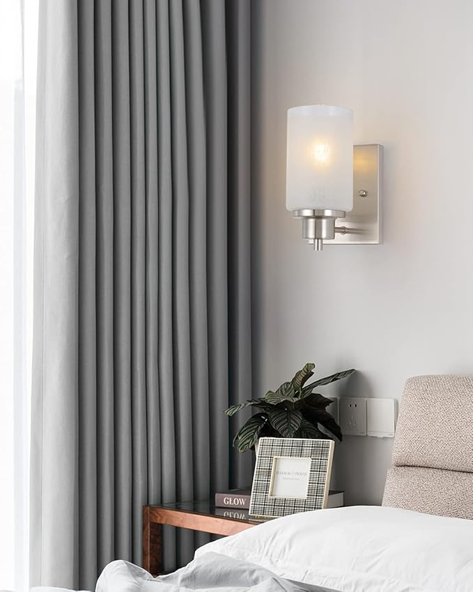 2 Pack Bath Vanity Light Fixture, Modern Indoor Wall Scone Lighting White Linen Frosted Glass Shades with Brush Nickle Finish Wall Lamp for Bathroom Kitchen Entryway Bedside