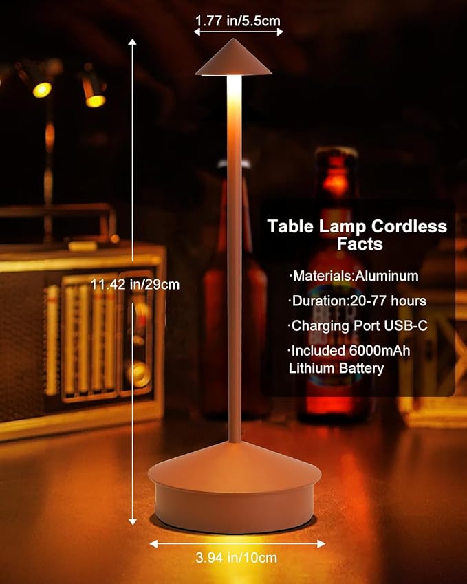 Cordless Table Lamp Desk lamps, 6000mAh Rechargeable Table Lamps, Portable LED Touch Lamp, Outdoor Battery Operated Dimmable Cordless Rechargeable Table Lamps for Restaurant/Patio (1 Pcs Brown)