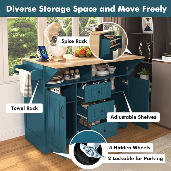 Kitchen Island with 2 Drop Leaf, Home Cart Island on Wheels Foldable Dining Table with Power Outlets,3 Drawers,Storage Cabinet, Tower Rack(Green)