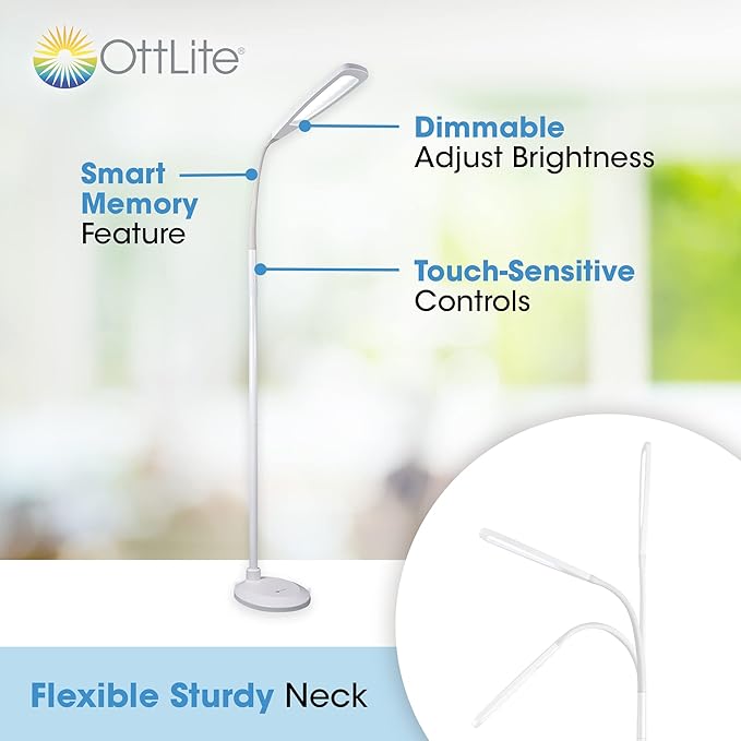 OttLite ClearSun Flex LED Floor Lamp with LED Technology - Touch Activated Controls, Adjustable Neck, Smart Memory Feature - Great for Office, Home, Dorm, Bedroom, College, & Living Room
