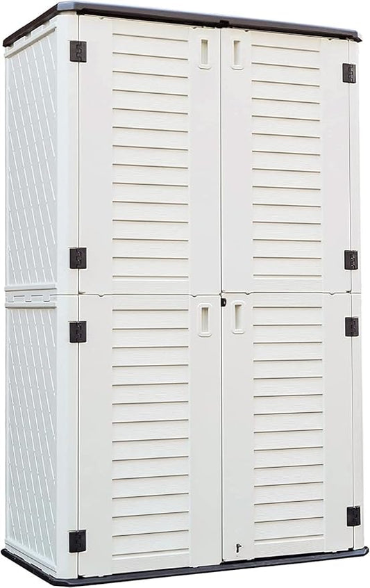 KINYING Outdoor Storage Cabinet Waterproof, Resin Vertical Outdoor Storage Shed for Patio Furniture, Garden Tools, Pool Accessories, Mower Storage (66 Cu.ft, Off White)