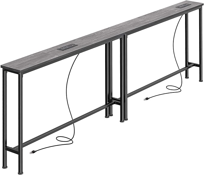 SUPERJARE 78.8 Inch Narrow Console Table with Outlet, Sofa Table Set of 2, Behind Couch Table, Long Entryway Tables with Charging Station, for Living Room, Charcoal Gray