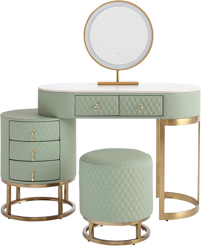 Faux Leather Makeup Vanity Desk Set with LED Lighted Mirror Luxury Dressing Makeup Table with Storage Drawers & Vanity Stool, Green