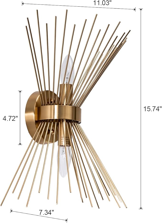 VILUXY Mid-Century Wall Sconces Antique Brass Brush Paint Finish Bedside Wall Sconce Lighting Fixture with Starburst Shade for Bedroom, Hallway, Entryway, Passway, Bathroom, Vanity 2 Pack