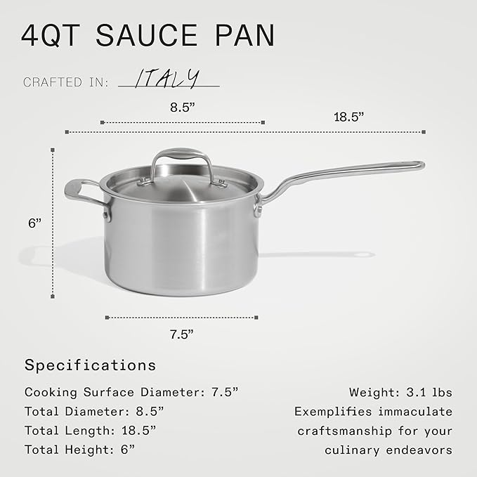 Made In Cookware - 4 QT Ceramic Non Stick Saucepan with Lid - 5-Ply Stainless Clad with Stay-Cool Handle - Professional Cookware - Crafted in Italy - Induction Compatible