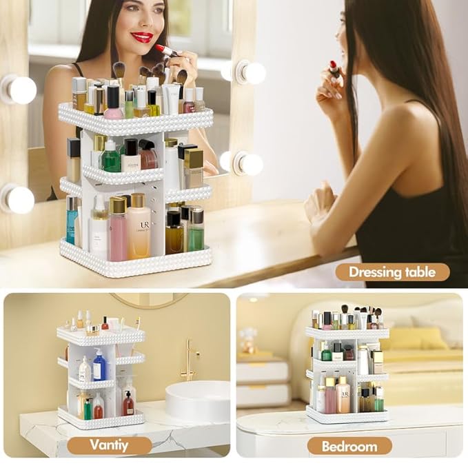 360°Rotating Makeup Organizer, Large Capacity Vanity Organizer with DIY Adjustable Trays, Makeup Brush Cosmetic Skincare Organizer Spinning Holder Shelf Storage Rack, Perfume Organizer For Dresser