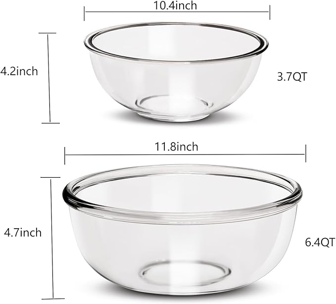 Large Borosilicate Glass Mixing Bowls Set of 2 (6.4Qt, 3.7Qt) - Nesting & Lead-Free, Microwave, Dishwasher, Oven & Freezer Safe - for Baking, Meal Prep, Serving