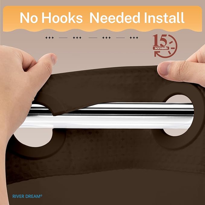 River Dream No Hooks Required Dotted Brown Shower Curtain with Snap in Liner - 71" W x 74" H,Hotel Grade,Spa Like Bath Curtain