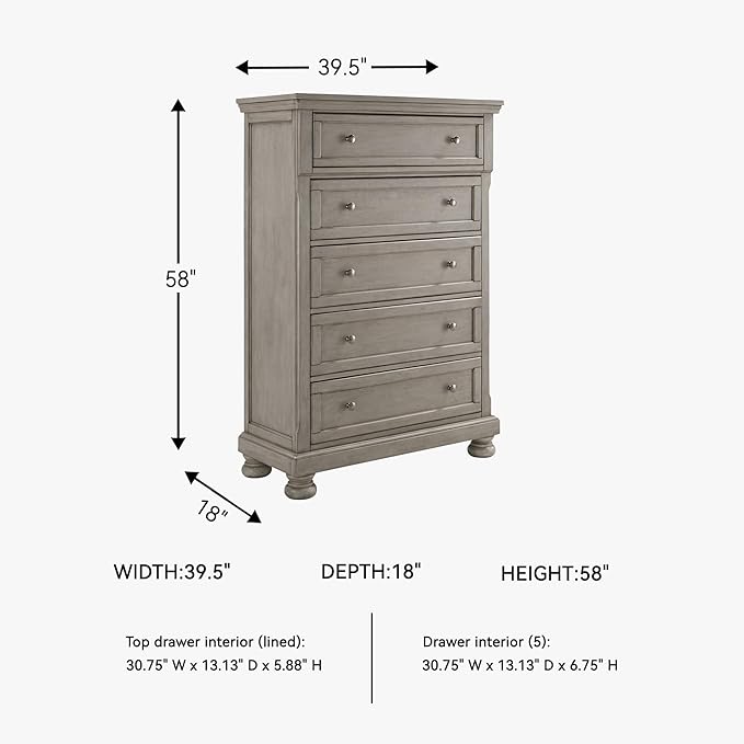 Signature Design by Ashley Lettner Traditional 5 Drawer Chest with Dovetail Construction, Light Gray