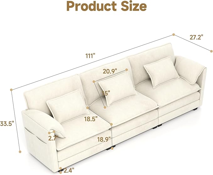 Real Relax 111'' Modular Sectional Sofa, 3 Seat Chenille Convertible Couch with 6 Pillows and 2 Armrest Pillows for Living Room, Office and Leisure Places, Beige