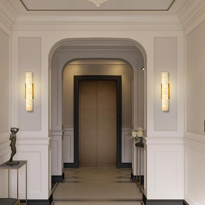 Alabaster Wall Sconces Gold, Spanish Natural Marble Wall Sconce, 20" Brass Wall Sconce for Bathroom, Indoor Stone Wall Sconces Dimmable, Alabaster Wall Light for Living Room, Bedroom, Hallway, Stairs