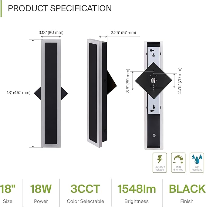 ASD LED 18" Long Wall Mount Light Fixture, Outdoor & Indoor Linear Sconce | 3CCT, Dimmable, Waterproof, Anti-Rust, ETL Listed | 18W 1500LM 3000-5000K 100-277V | Exterior Porch Lighting | Black